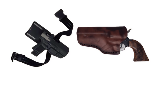 One pistol in a kydex holster on the left and another in a leather holster on the right
